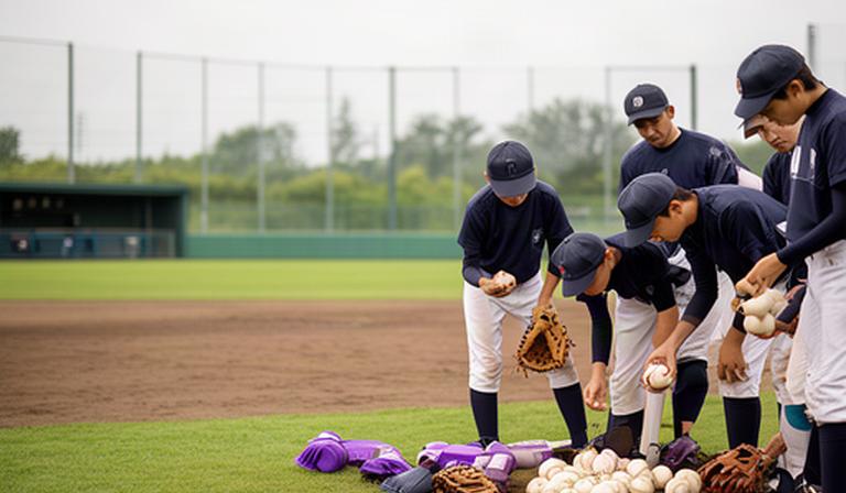青森の野球グラウンドでチームの選手がボールと用具を確認している様子